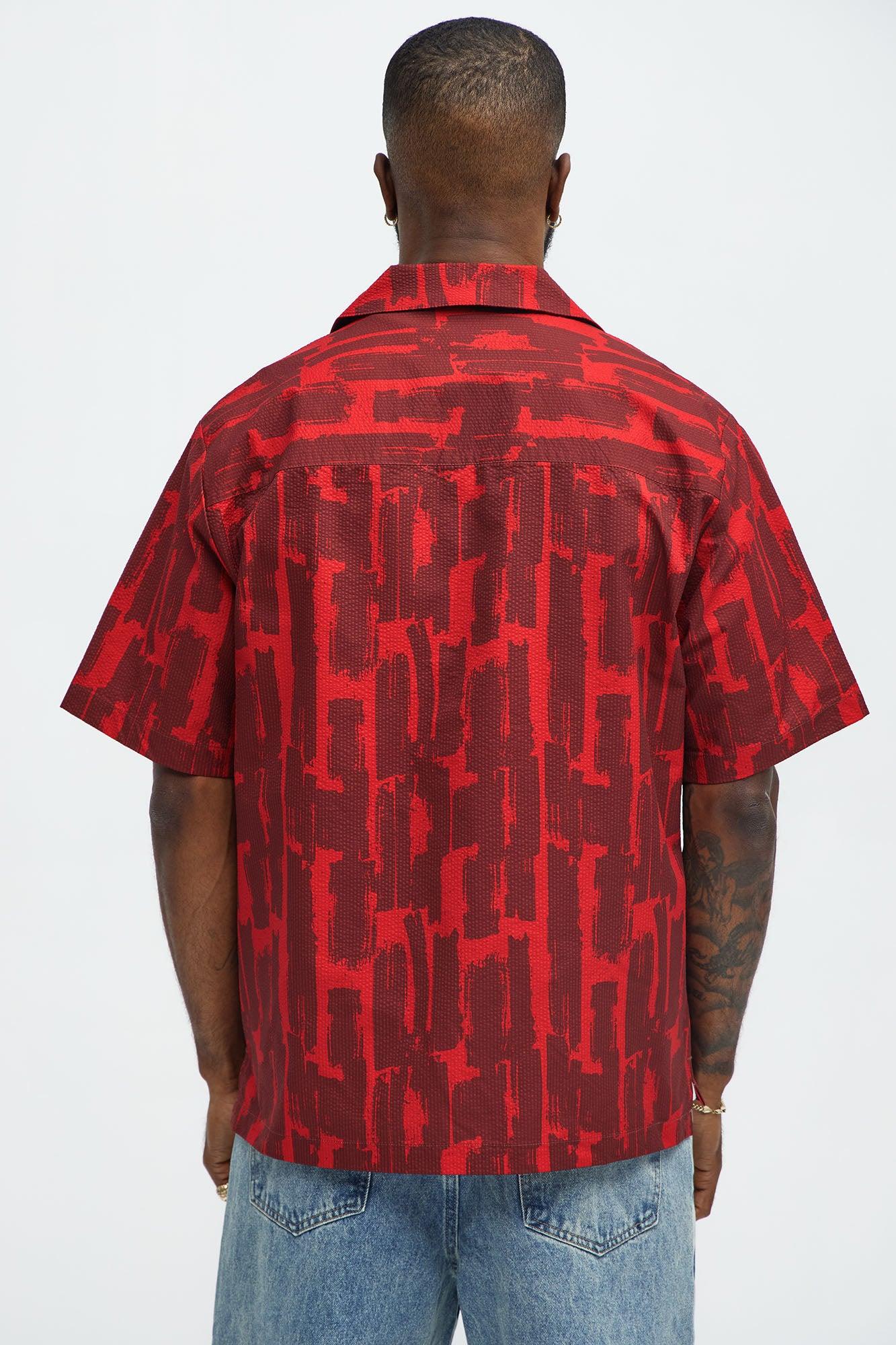 Seersucker Printed Short Sleeve Cuban Collar Shirt - Red/combo Product Image
