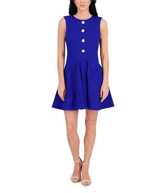 Kensie Round Neck Sleeveless Floral Hardware Stretch Denim A-Line Mini Dress Product Image