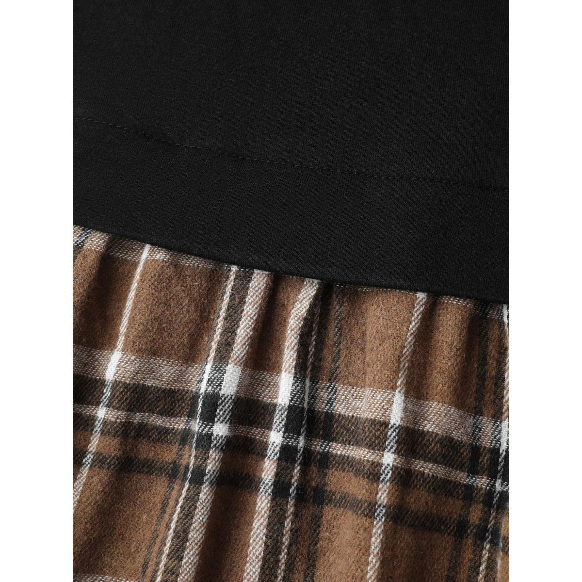 Plus Size Plaid Color Contrast Stretchy Knee-Length Dress Black Women Leisure Contrast V-neck Extra Long Sleeve Curvy BloomChic 28/5X Product Image