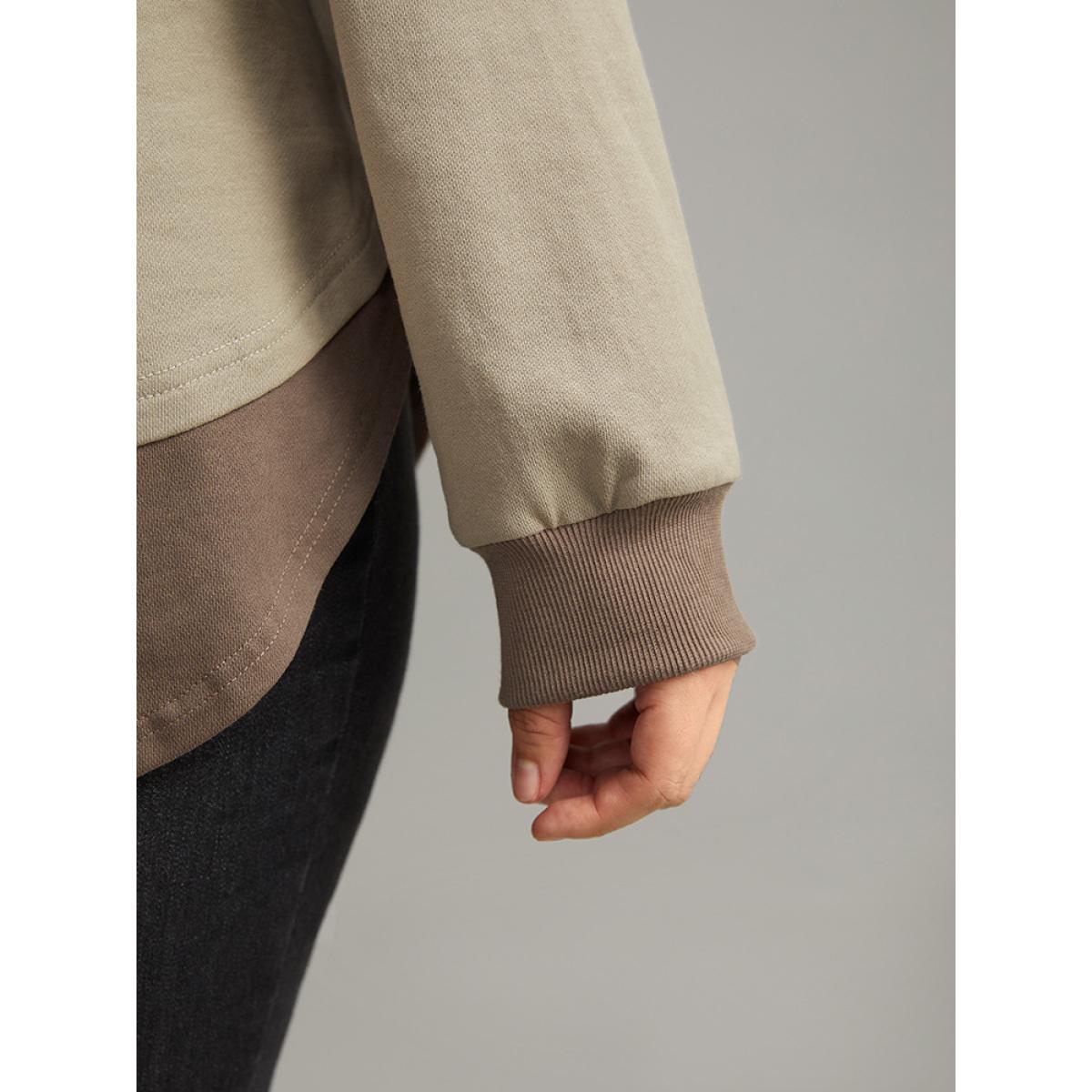 Plus Size Cotton Two Tone Layered Sweatshirt Women LightBrown Casual Arc Hem Round Neck Dailywear Sweatshirts BloomChic 10/M Product Image