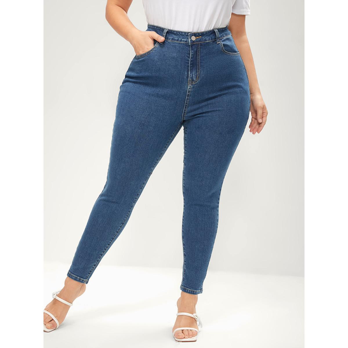 Plus Size Skinny Very Stretchy Mid Rise Medium Wash Patchwork Jeans Women Blue Casual Plain Patchwork High stretch Pocket Jeans BloomChic 16/1X Product Image