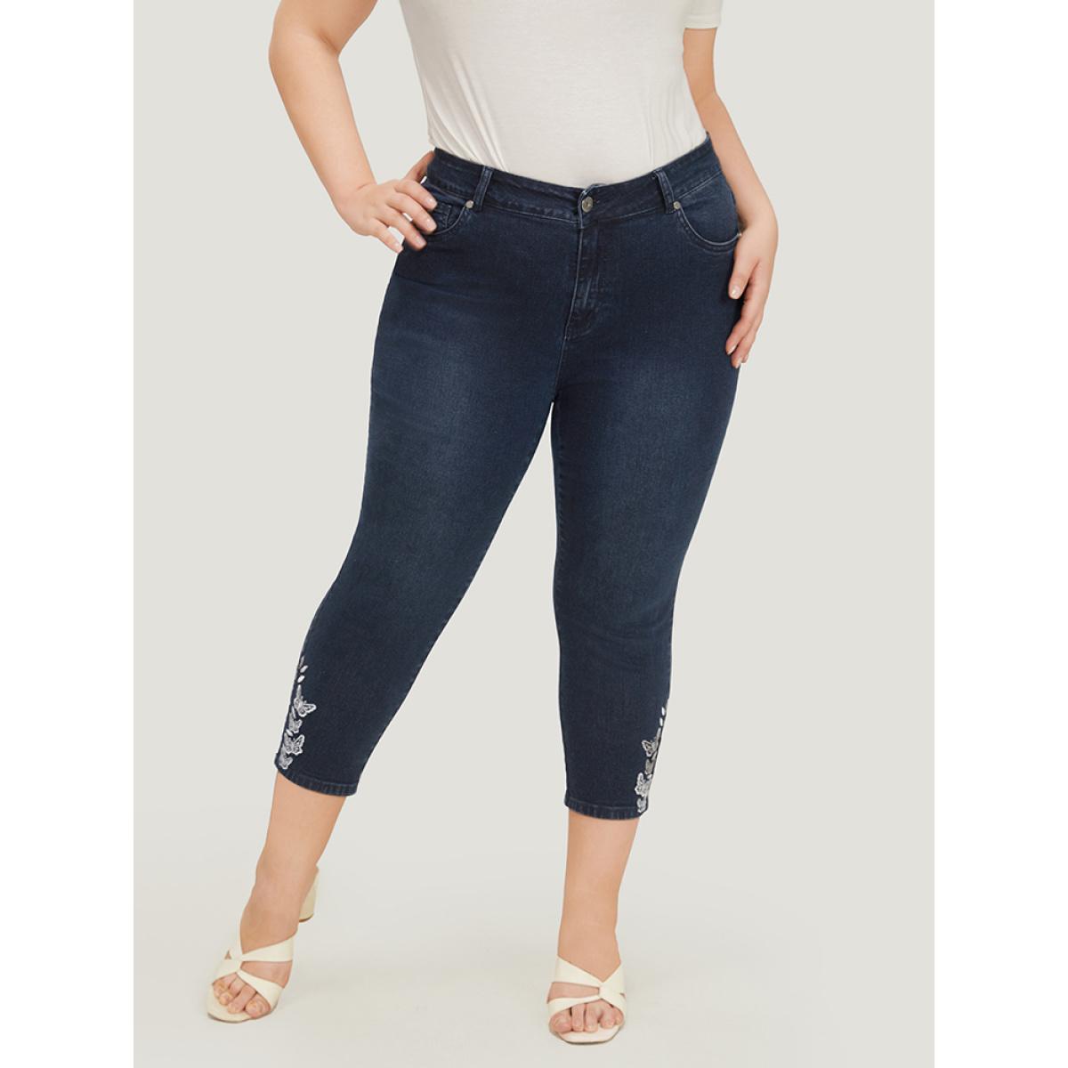 Plus Size Very Stretchy High Rise Dark Wash Butterfly Embroidered Jeans Women DarkBlue Casual Plain Embroidered High stretch Pocket Jeans BloomChic 26/4X Product Image