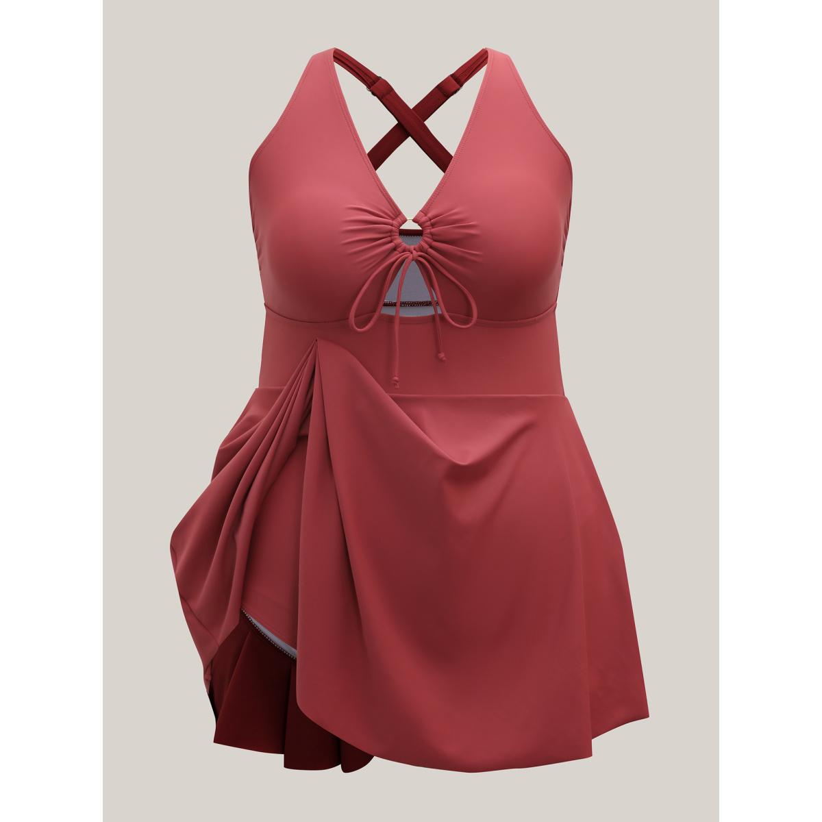 Plus Size Anti-Float Tie Keyhole Swim Dress Women's Swimwear Rust Resort Bodycon V-neck High stretch Curve Swim Dresses BloomChic 18-20/2X Product Image