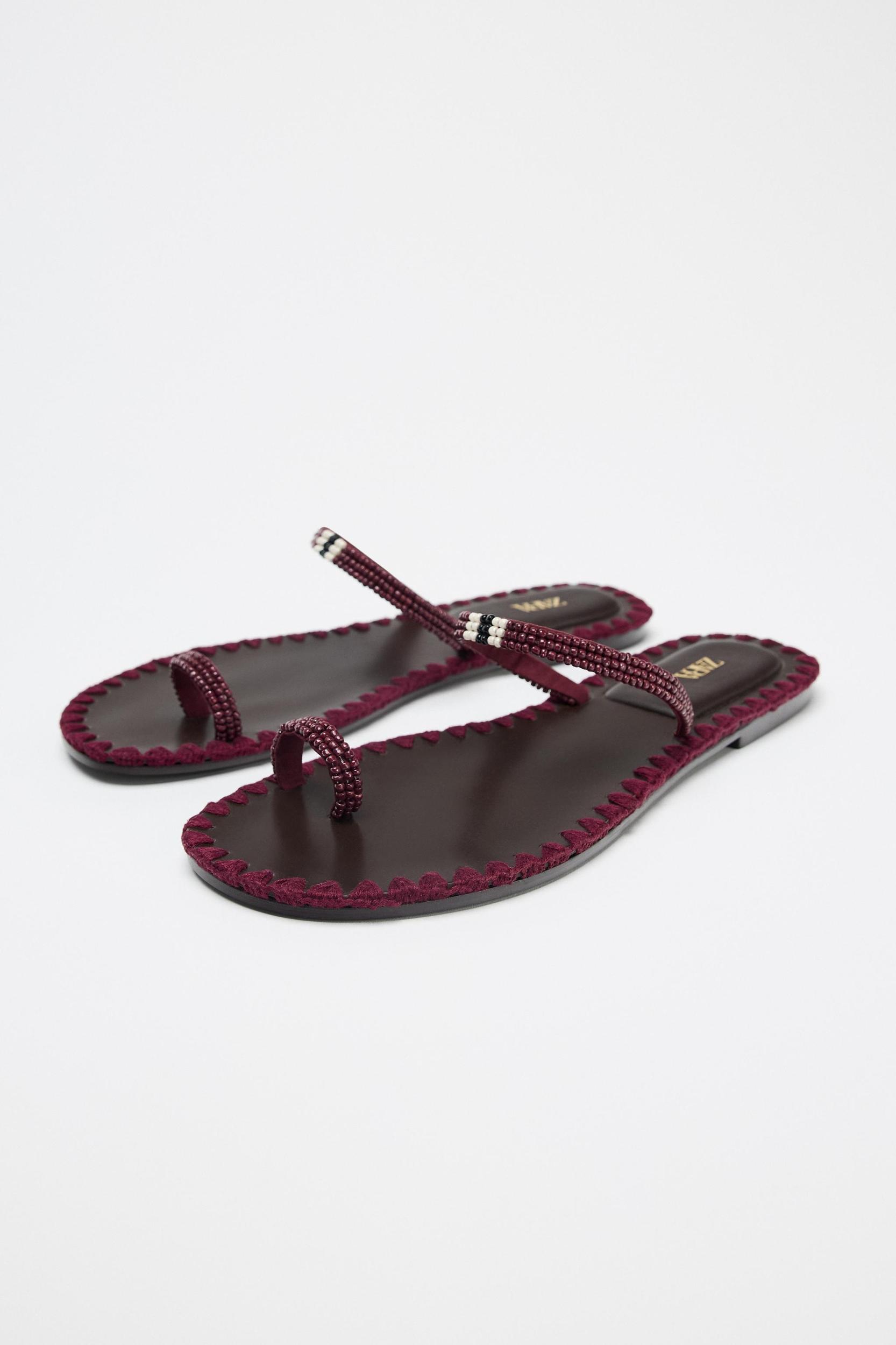 BEADED TOPSTITCHED SANDALS Product Image