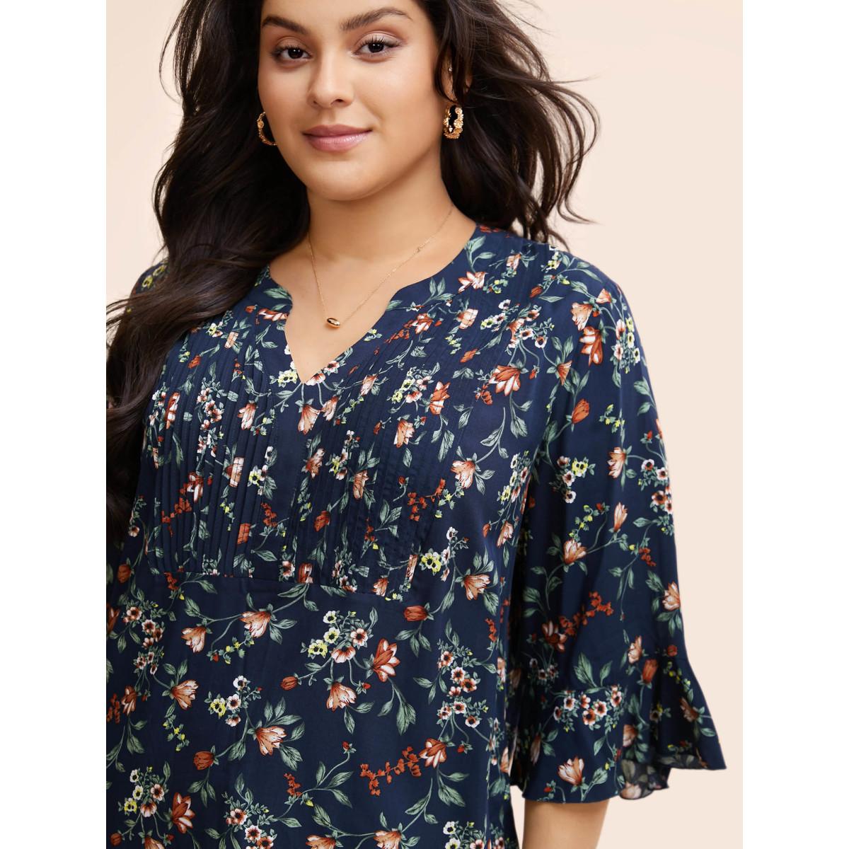 Plus Size Plum Ditsy Floral Pleated Flutter Sleeve Blouse Women Elegant Elbow-length sleeve Flat collar with V-notch Everyday Blouses BloomChic 18-20/2X Product Image