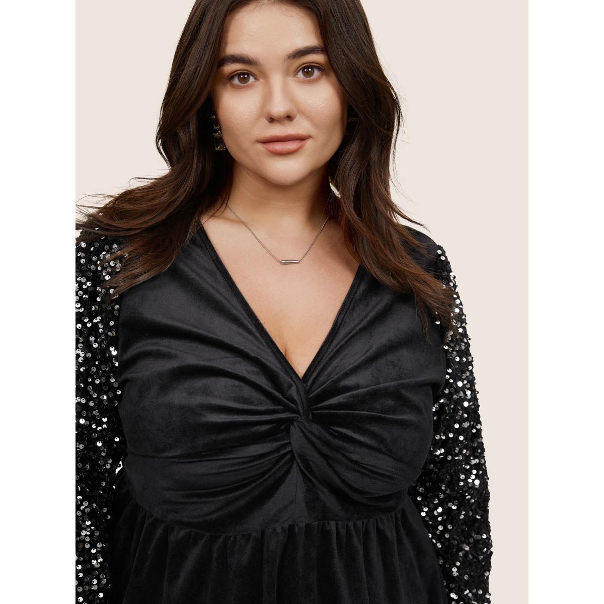 Plus Size Black Patchwork Velvet Twist Front Elastic Waist Sequin Blouse Women Glamour Long Sleeve V-neck Party Blouses BloomChic 10/M Product Image