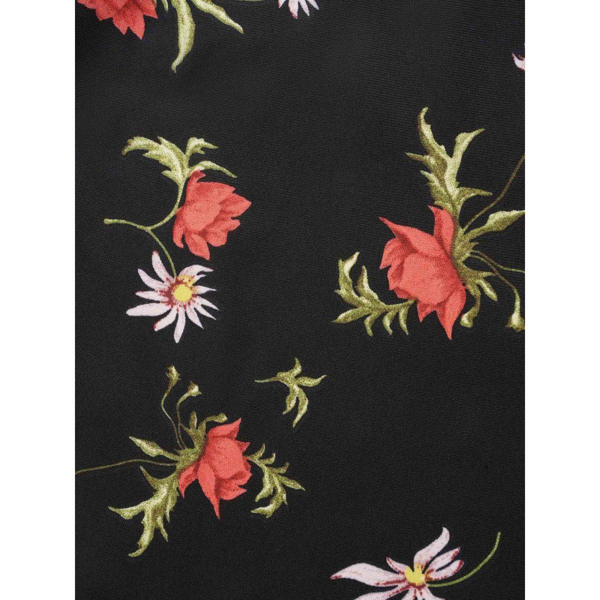 Plus Size Black Notched Floral Pleated Ruffle Sleeve Blouse Women Elegant Half Sleeve Flat collar with V-notch Everyday Blouses BloomChic 14-16/1X Product Image