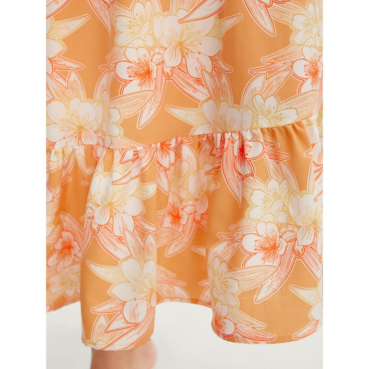 Plus Size Floral Print Puff Sleeve Gathered Pocket Wrap Ruffles Dress Salmon Women Elegant Pocket V-neck Short sleeve Curvy Midi Dress BloomChic 30/6X Product Image