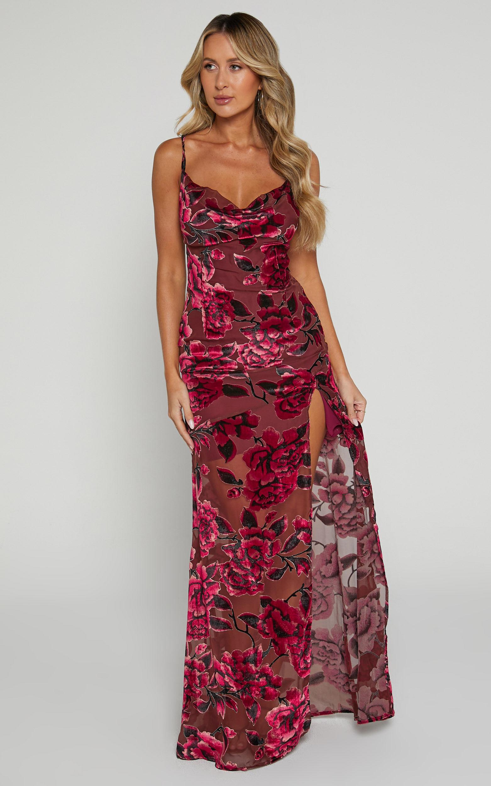 Aletta Maxi Dress - Cowl Cross Back Dress in Wine Floral Product Image