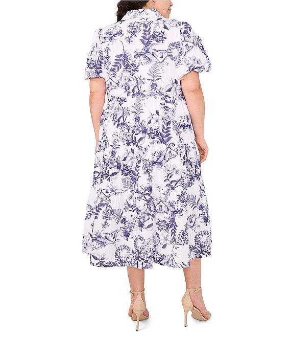CeCe Plus Size Woven Floral Print Collared Short Puff Sleeve Midi Shirt Dress Product Image