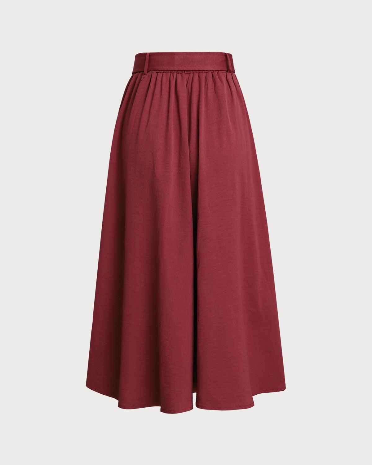 Red Belt Flared Midi Skirt Product Image