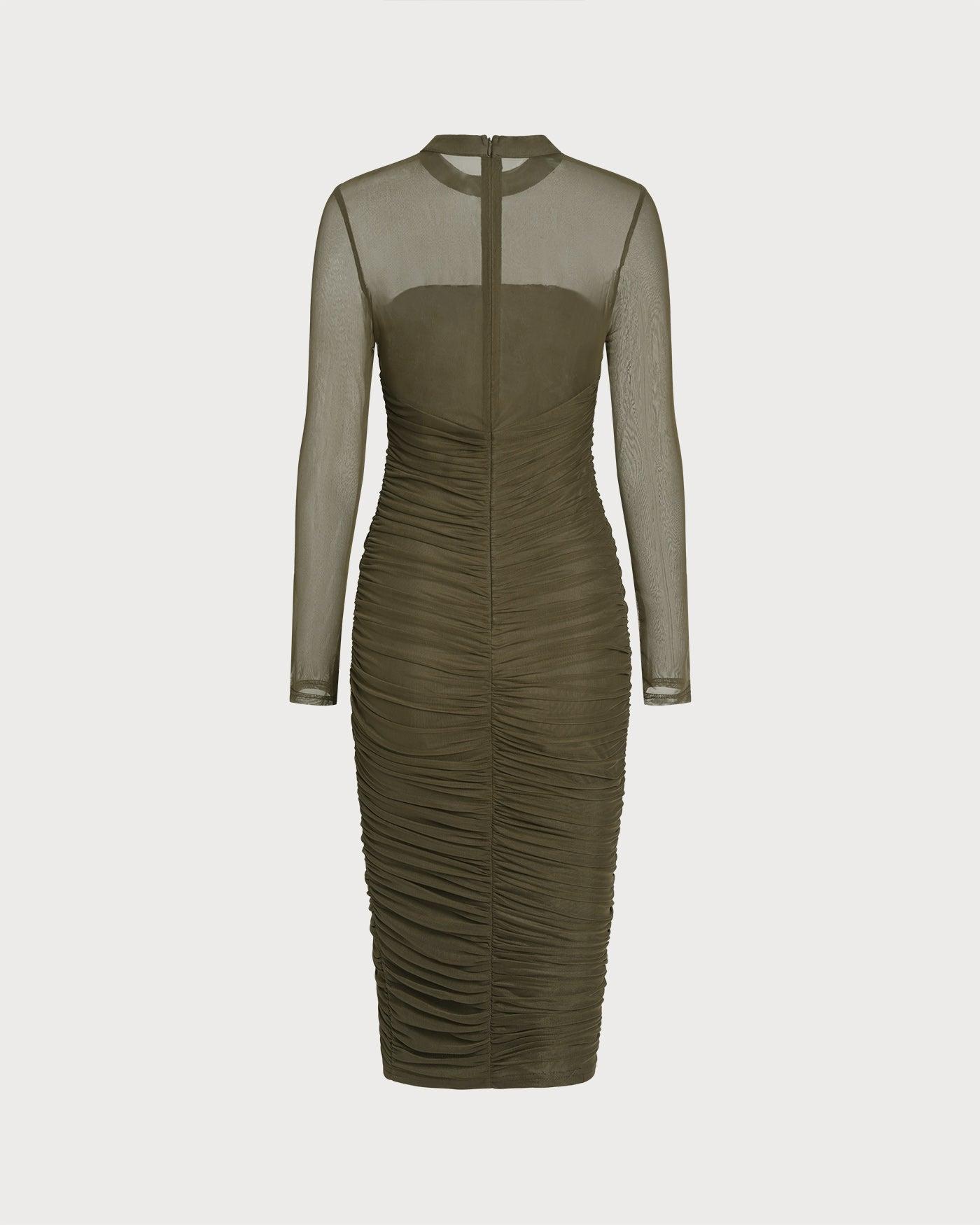 Green Mock Neck Ruched Midi Dress Product Image
