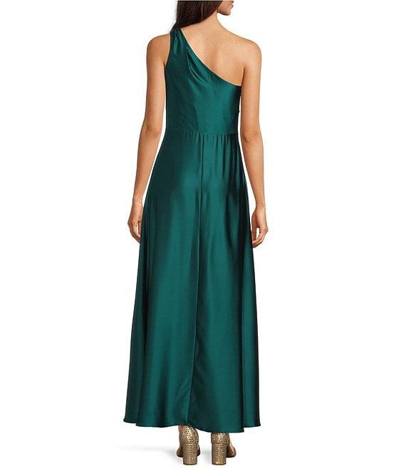Alex Marie Petite Camila Stretch Satin Asymmetrical One Shoulder Metal Loop Strap A-Line Maxi Dress Product Image