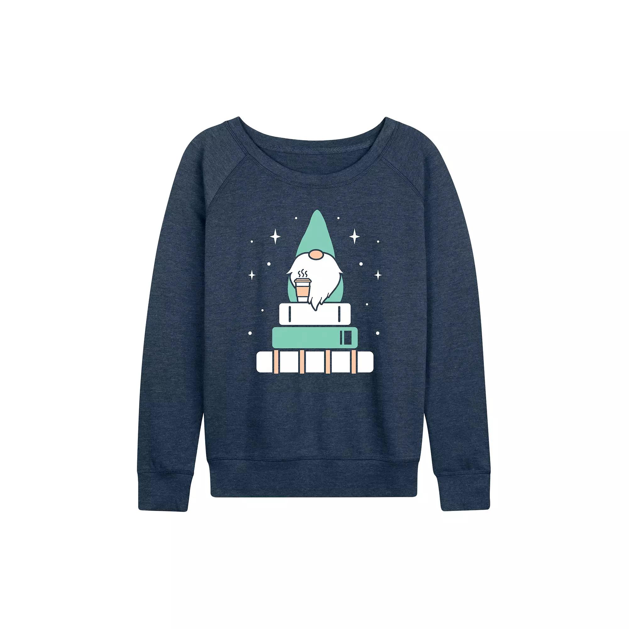 Women's Gnome with Coffee and Books French Terry Long Sleeve Tee,  Product Image