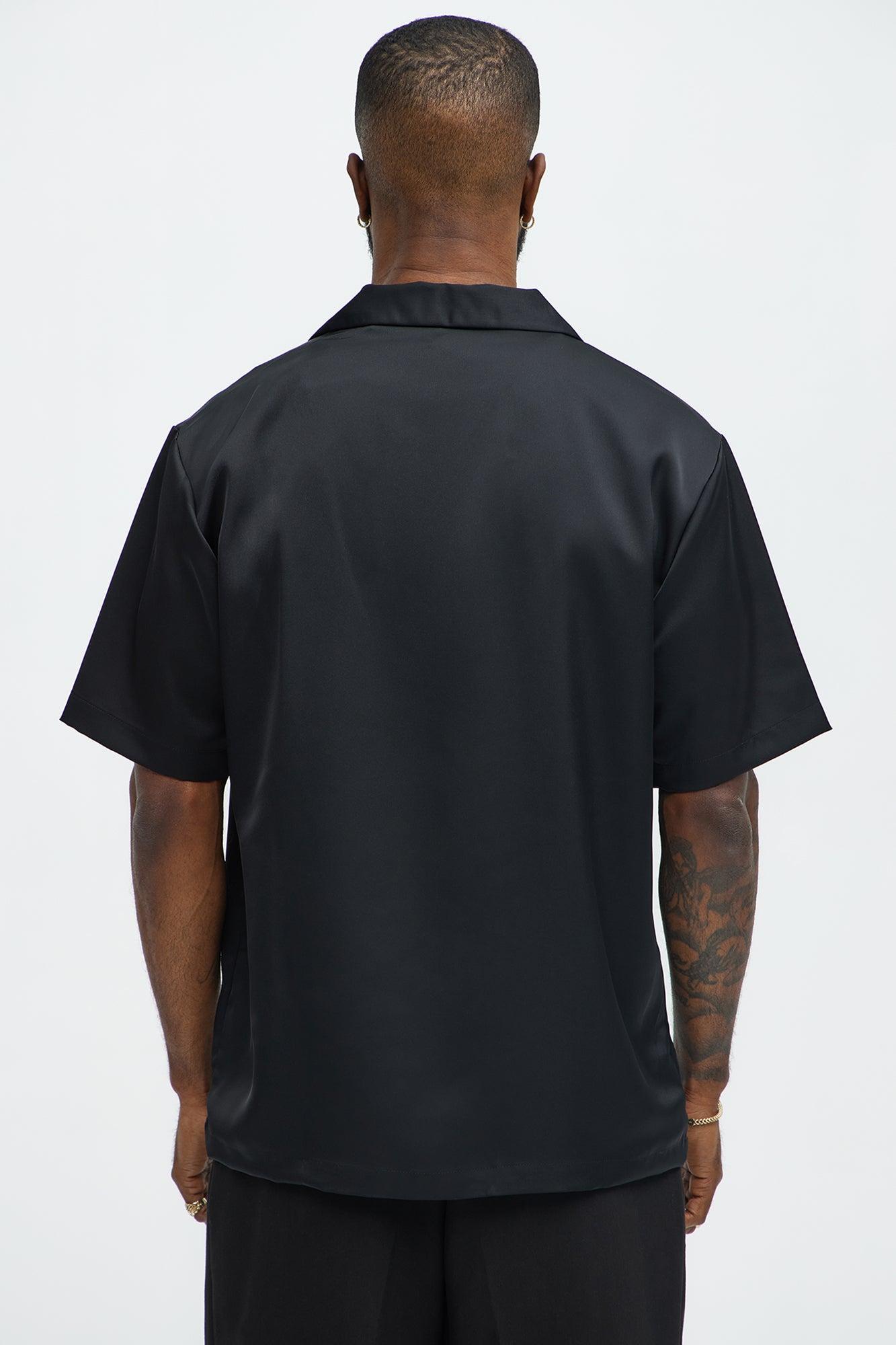 Links Satin Short Sleeve Button Up Shirt - Black Product Image