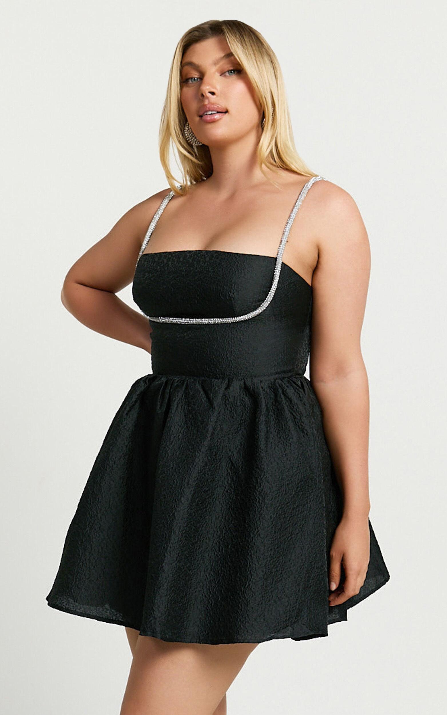 Cora Mini Dress - Diamante Detail Textured Mini Dress in Black Product Image