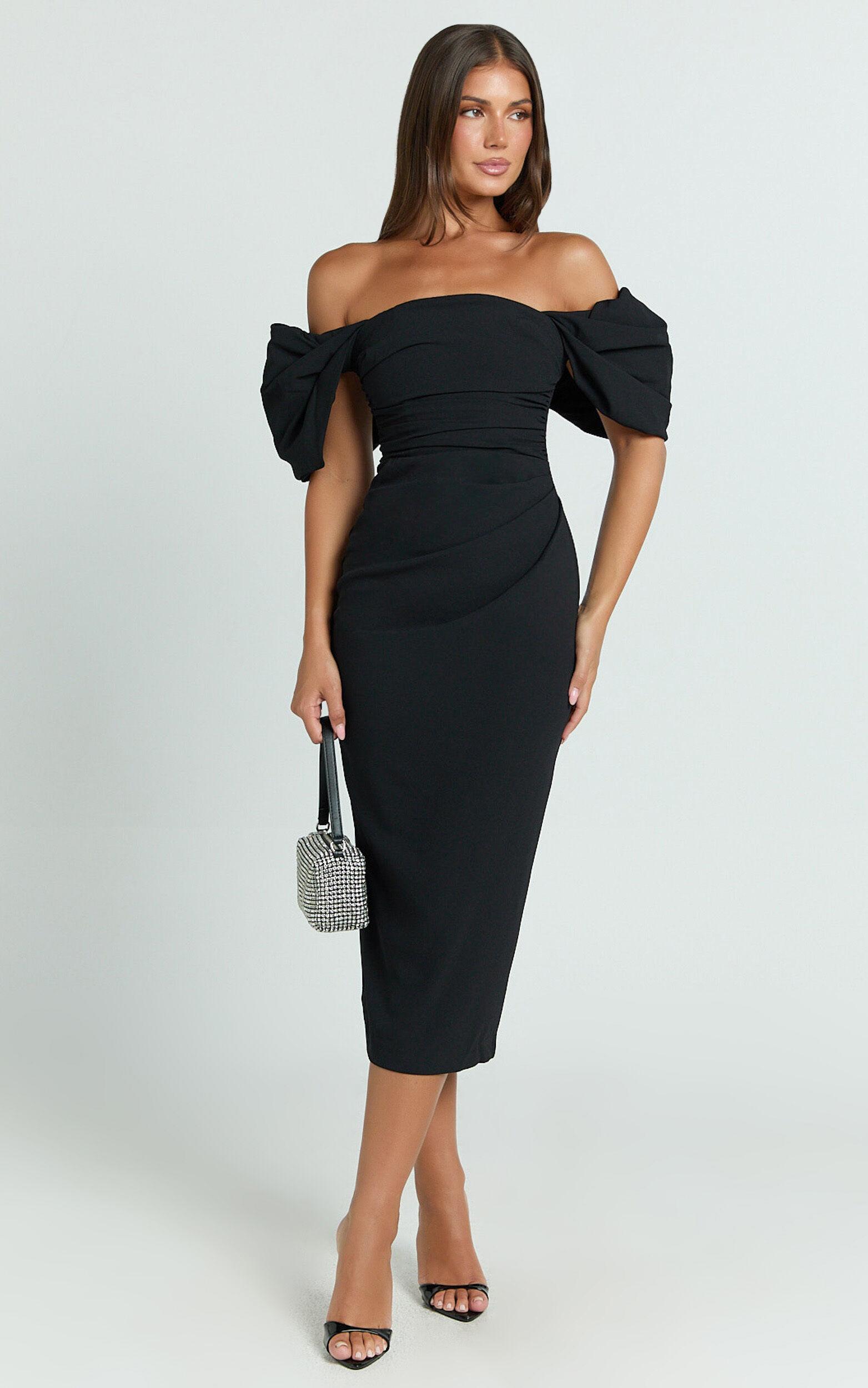 Lohan Midi Dress - Off Shoulder Puff Sleeve in Black Product Image