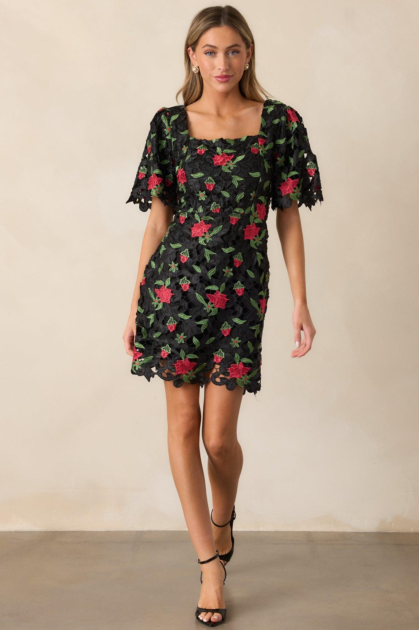 Rosebud Dreams Black Lace Embroidered Mini Dress Product Image