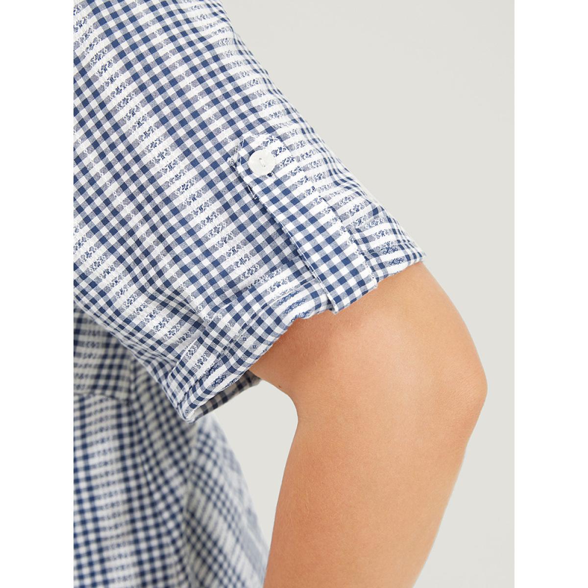 Plus Size Stone Plaid Shirt Collar Button Up Cuffed Sleeve Split Blouse Women Office Short sleeve Shirt collar Work Blouses BloomChic 22-24/3X Product Image