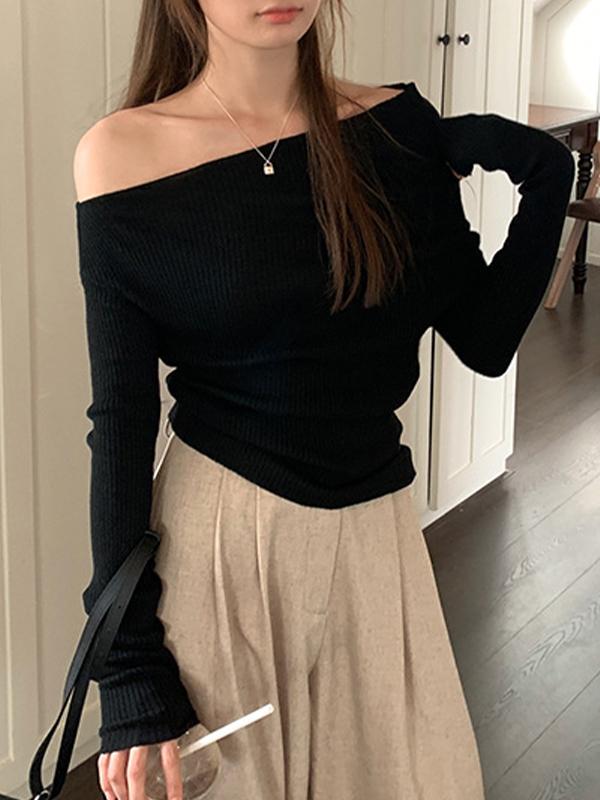Solid Off Shoulder Long Sleeve Knit Product Image