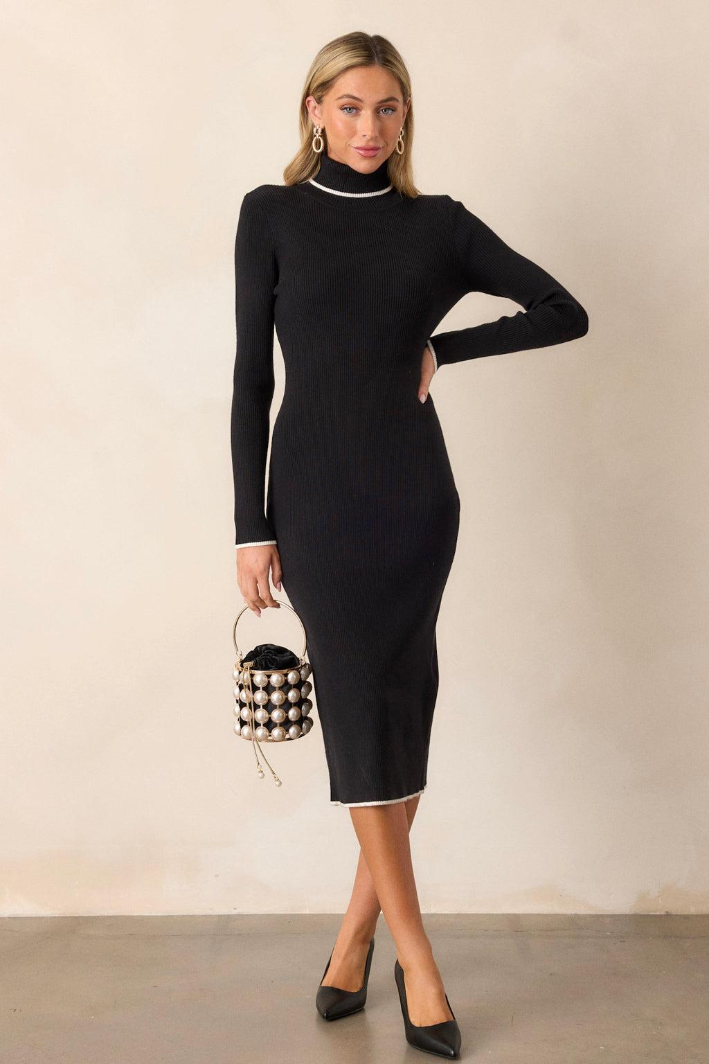 Sleek Chic Black Ribbed Midi Sweater Dress Product Image