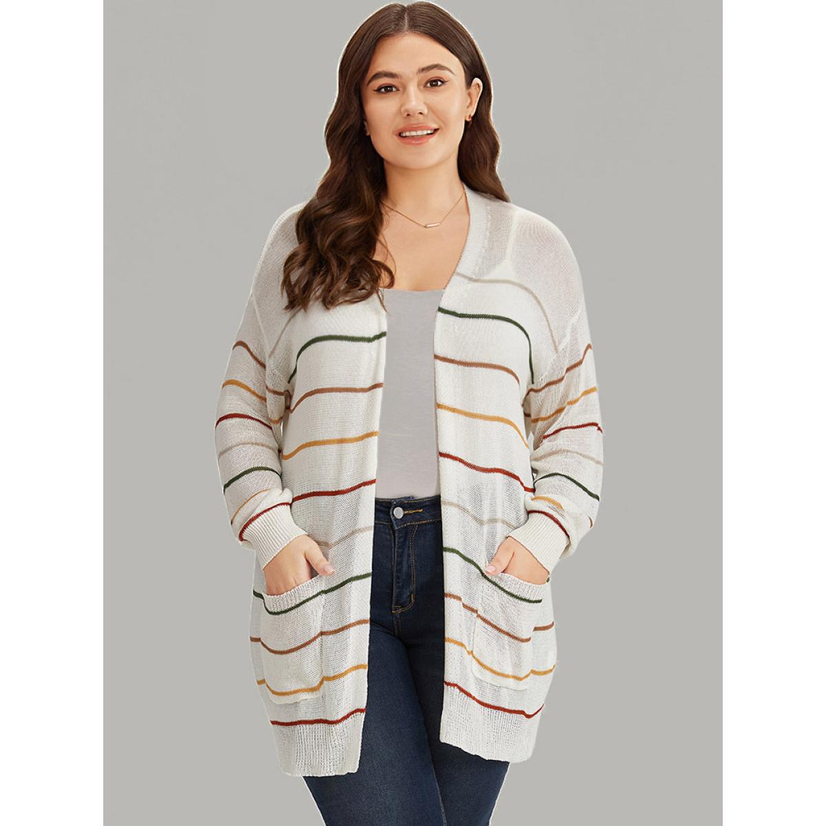 Plus Size UltraCool Rainbow Striped Open Front Pocket Cardigan Ivory Women Casual Loose Long Sleeve Dailywear Cardigans BloomChic 18-20/2X Product Image