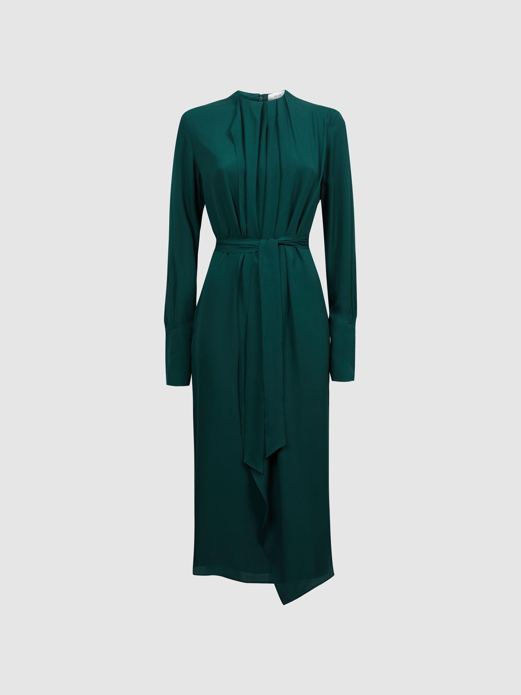 Pleated Long Sleeve Midi Dress in Green Product Image