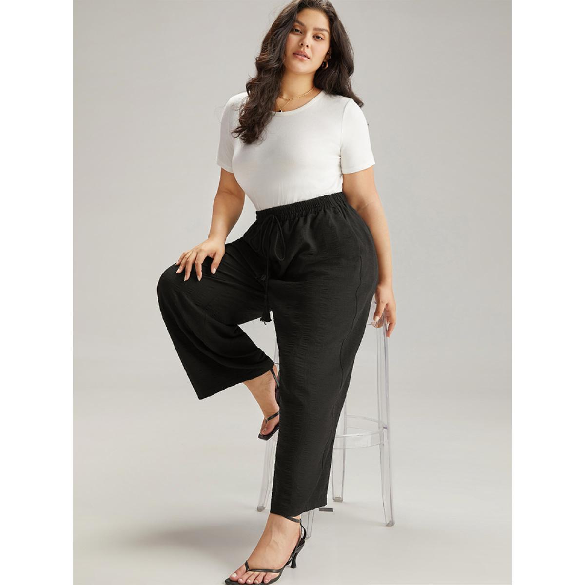 Plus Size Plain Tassel Knot Pocket Elastic Waist Pants Women Black Vacation Straight Leg High Rise Dailywear Pants BloomChic 22-24/3X Product Image