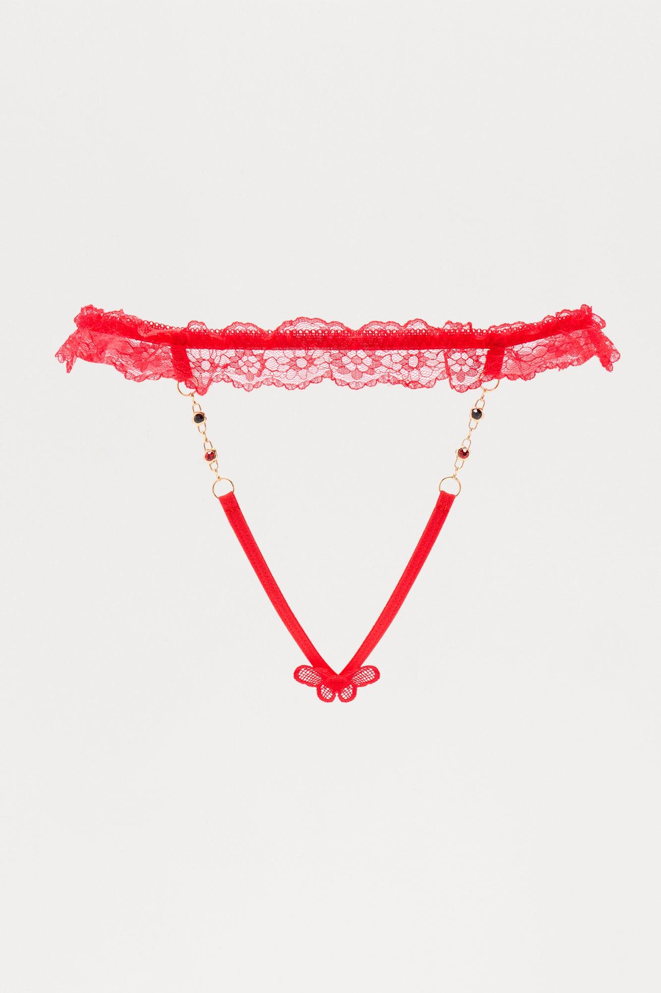 Portia Rhinestone Crotchless Thong Panty - Red Female Product Image