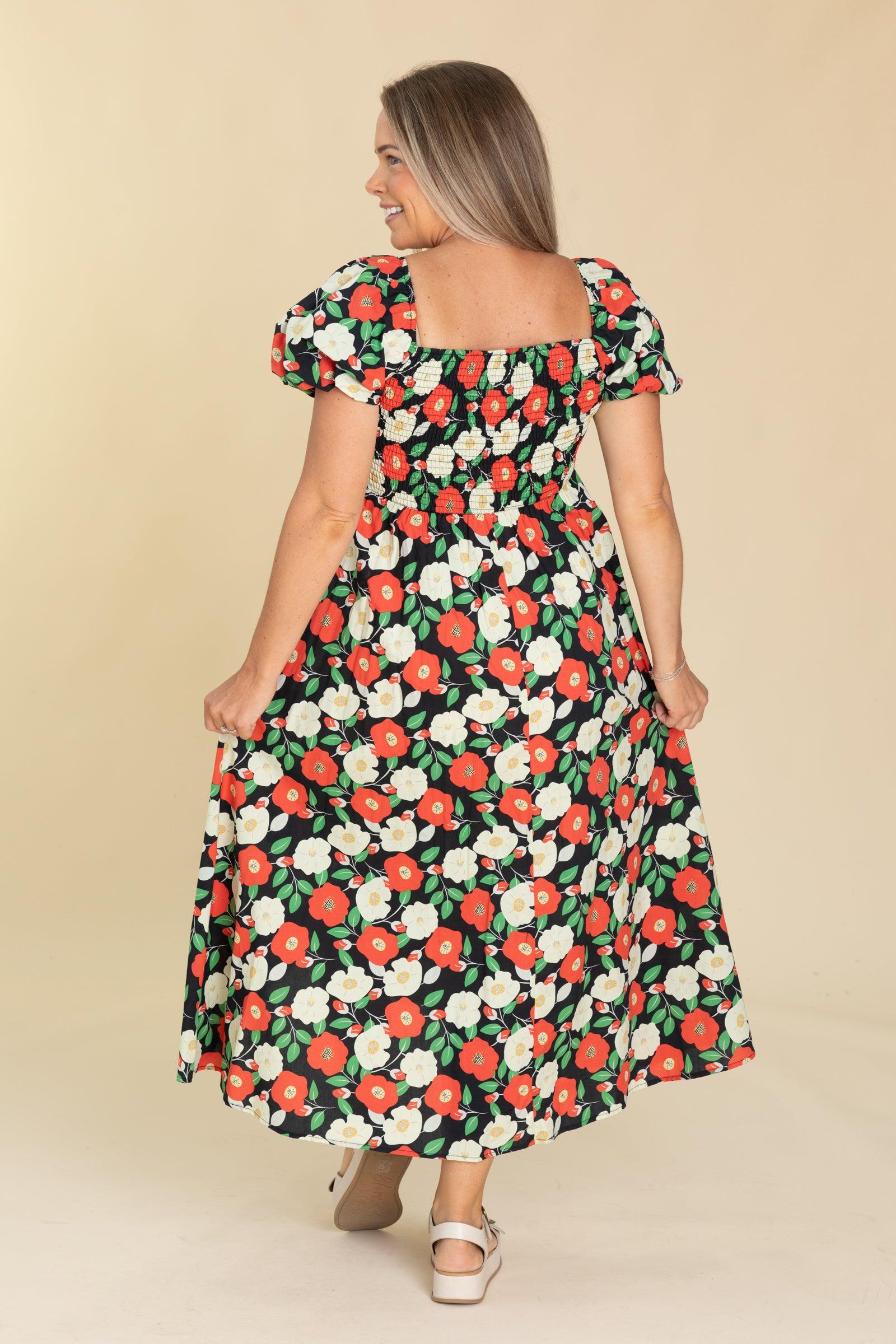 Black Floral Puff Short Sleeves Midi Dress Product Image