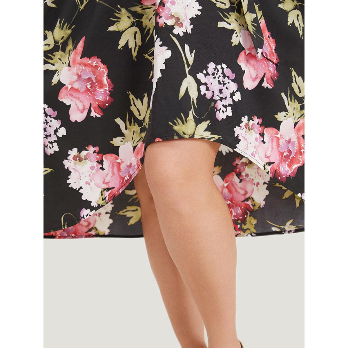 Plus Size Floral Print Patchwork Pocket Belted Asymmetrical Hem Dress Black Women Glamour Plain Round Neck Short sleeve Curvy Midi Dress BloomChic 18-20/2X Product Image