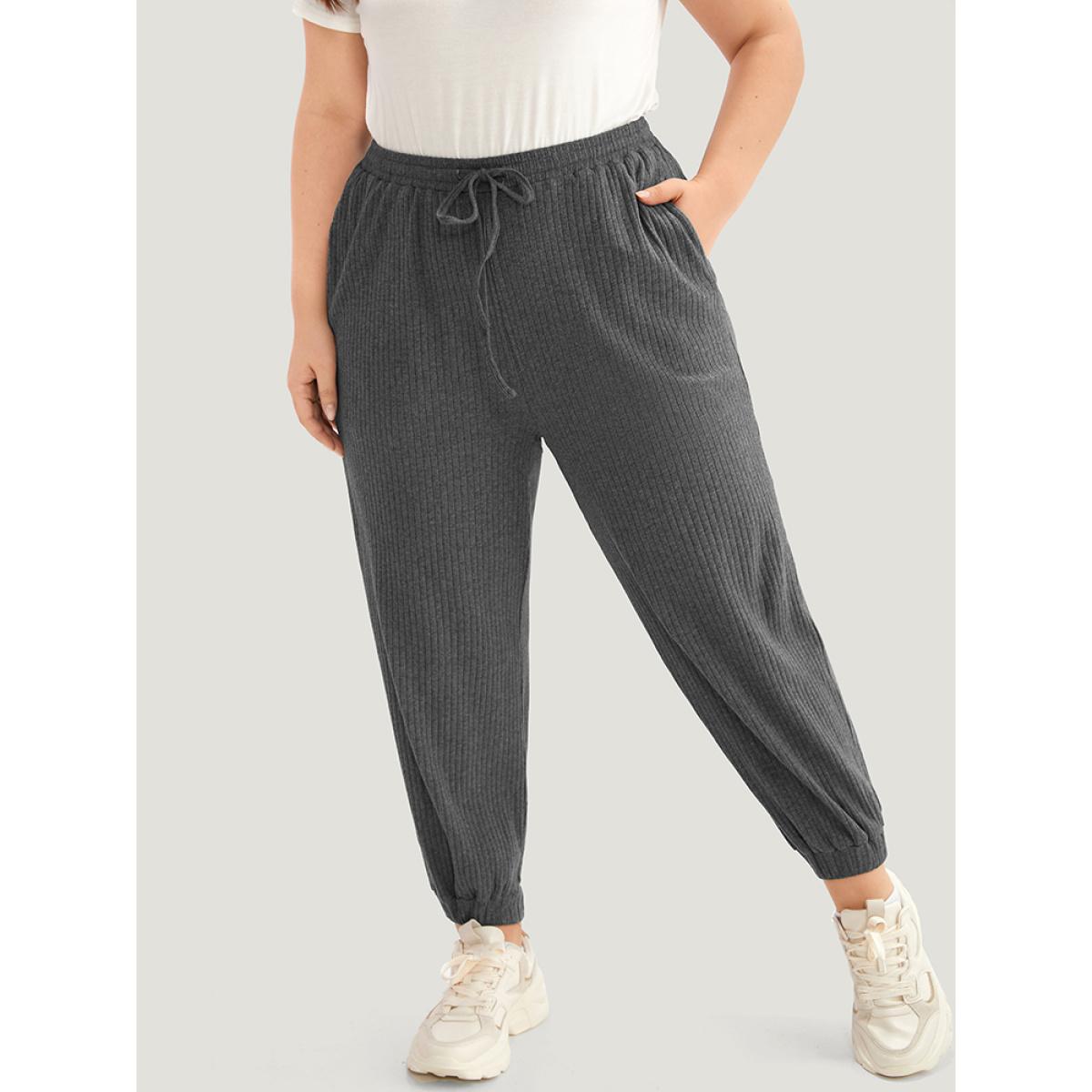 Rib Knit Elastic Waist Drawstring Sweatpants DimGray Plus Size Women Casual Dailywear Texture 26/4X Bloomchic Product Image