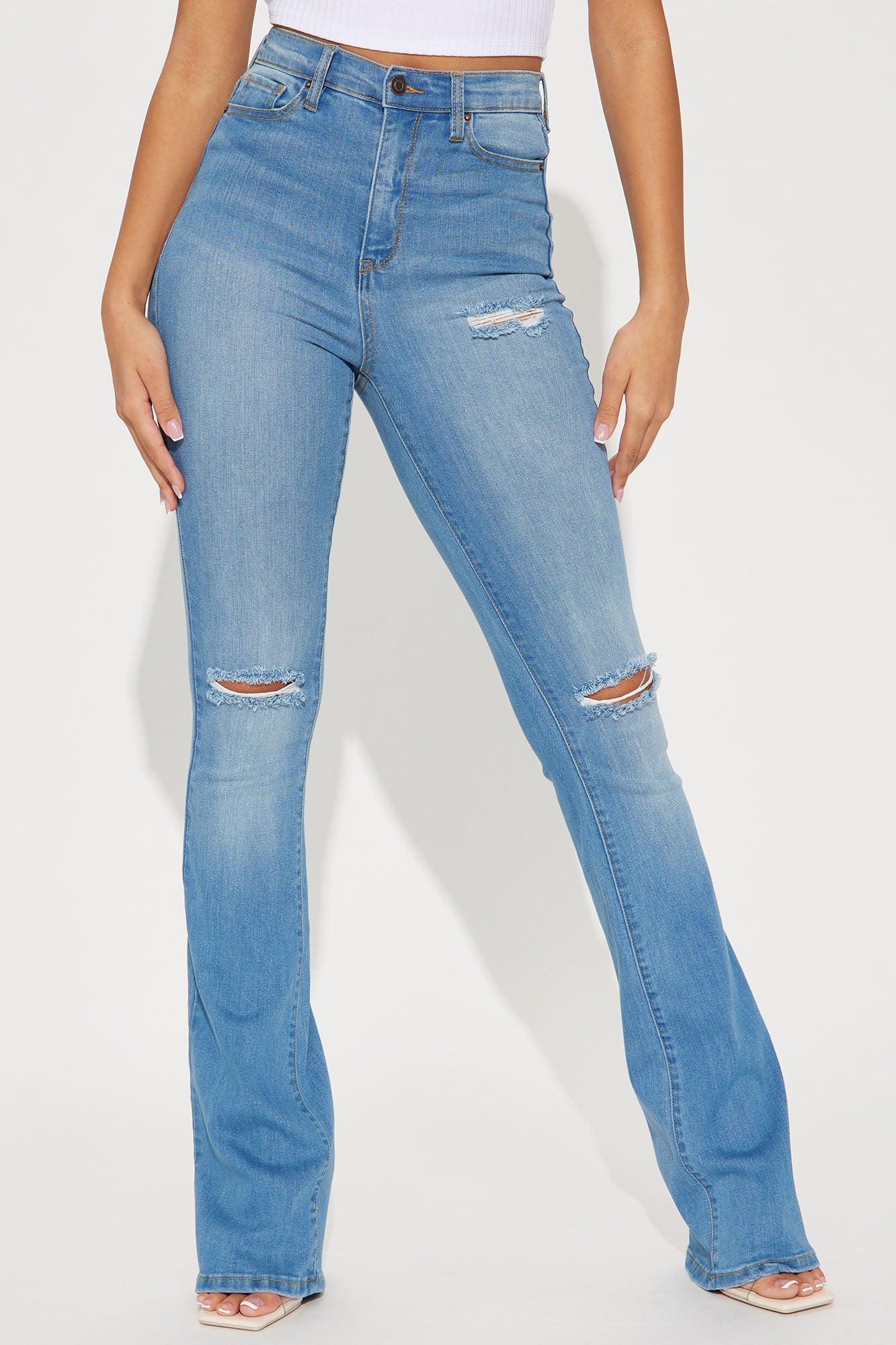 Tall Luxurious Distressed Super Stretch Flare Jeans - Medium Blue Wash Product Image