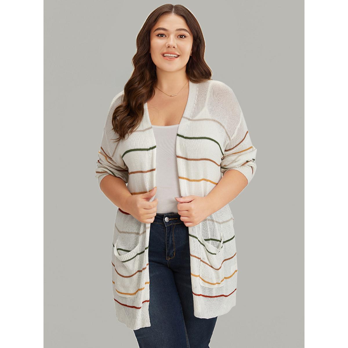 Plus Size UltraCool Rainbow Striped Open Front Pocket Cardigan Ivory Women Casual Loose Long Sleeve Dailywear Cardigans BloomChic 18-20/2X Product Image