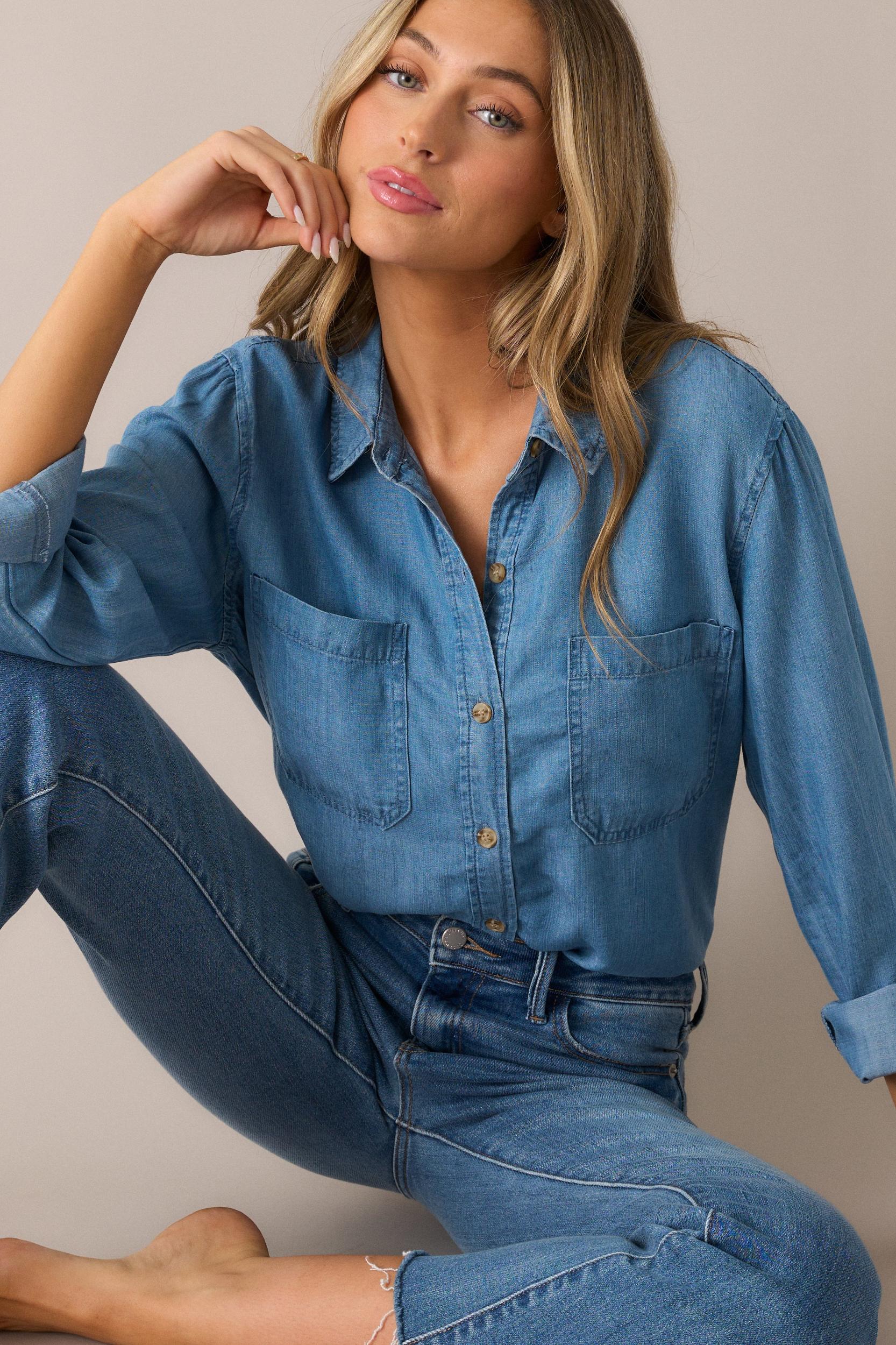 Weekend Wandering Chambray Button Front Blouse Product Image