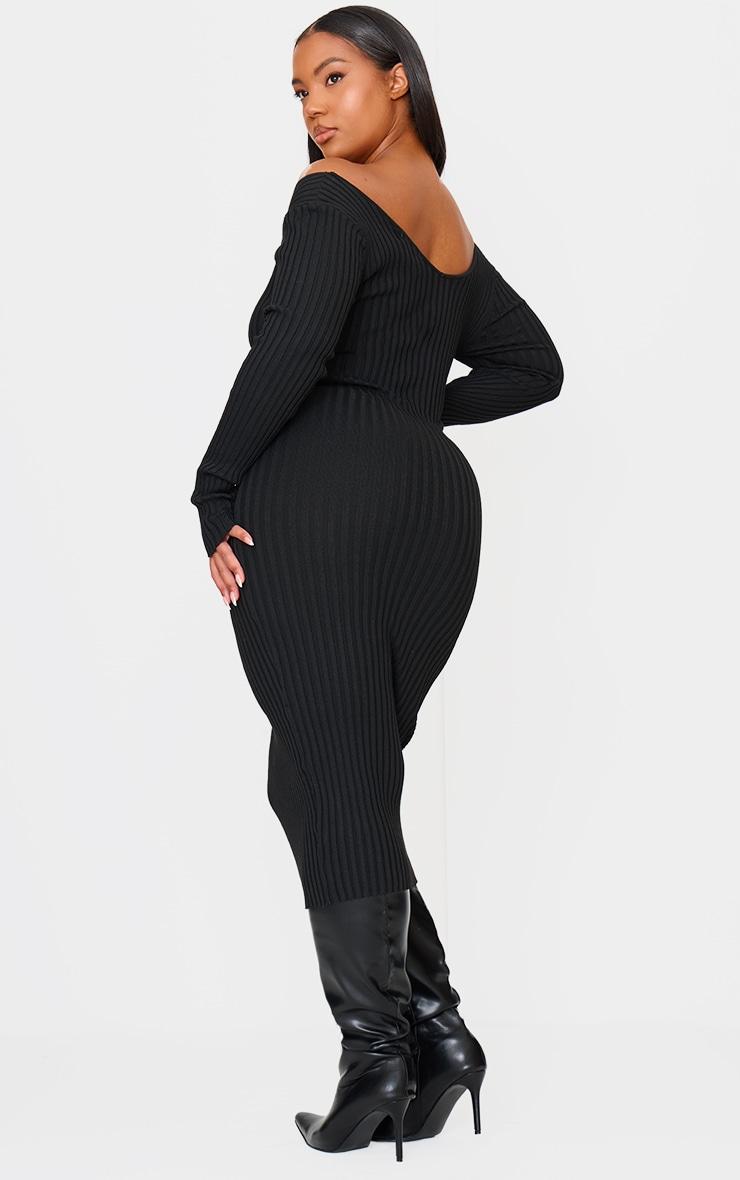 Plus Black Off Shoulder Rib Knitted Midaxi Dress Product Image