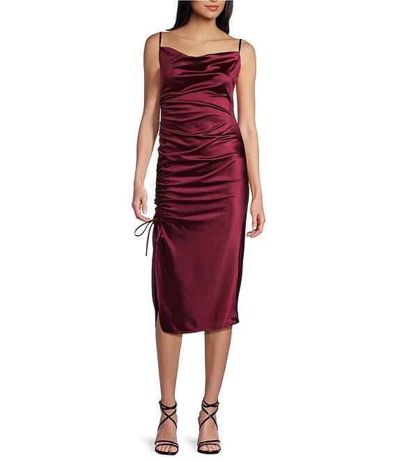 B. Darlin Satin Cowl Neck Drawstring Side Slit Midi Dress Product Image