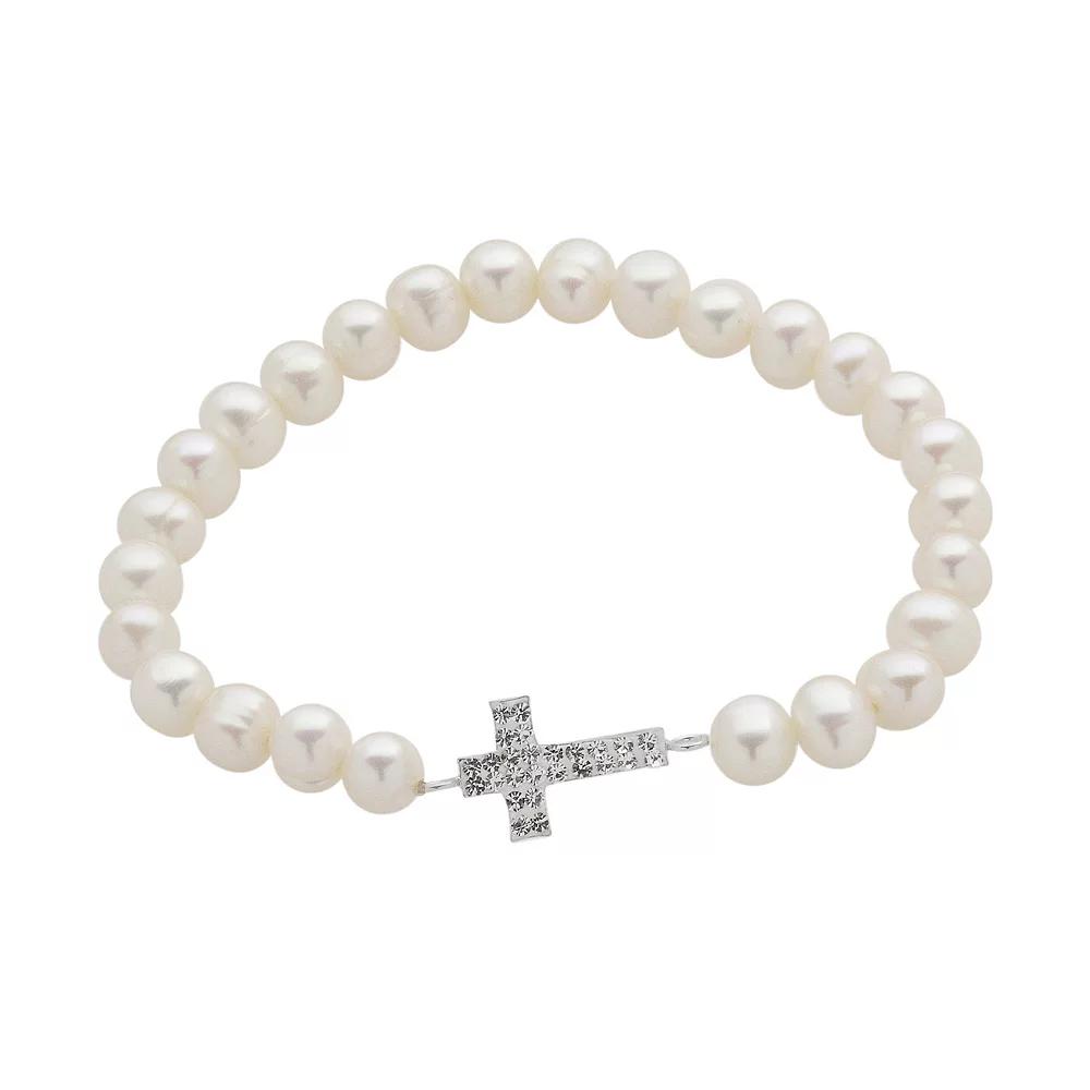 Sterling Silver Freshwater Cultured Pearl and Crystal Stretch Bracelet, Women's, Size: 7", White Product Image