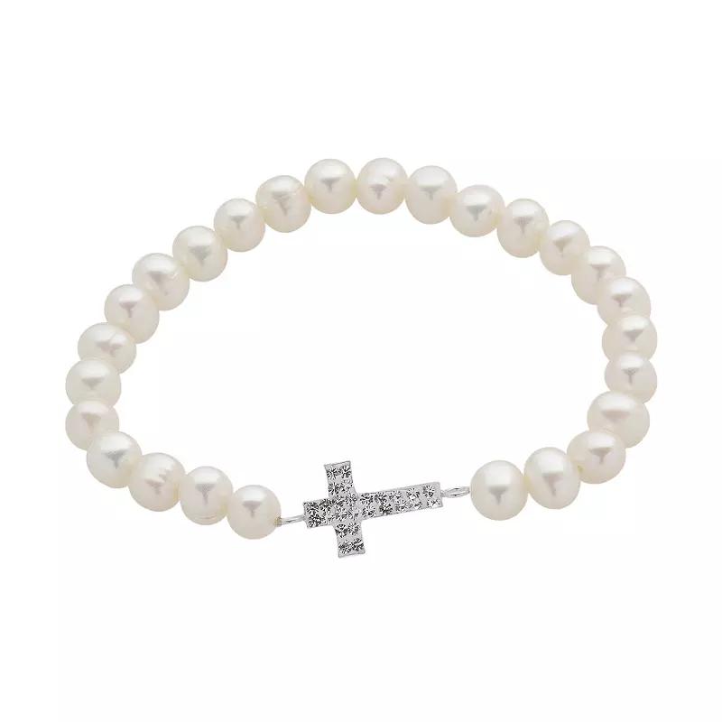 Sterling Silver Freshwater Cultured Pearl and Crystal Stretch Bracelet, Women's, Size: 7", White Product Image