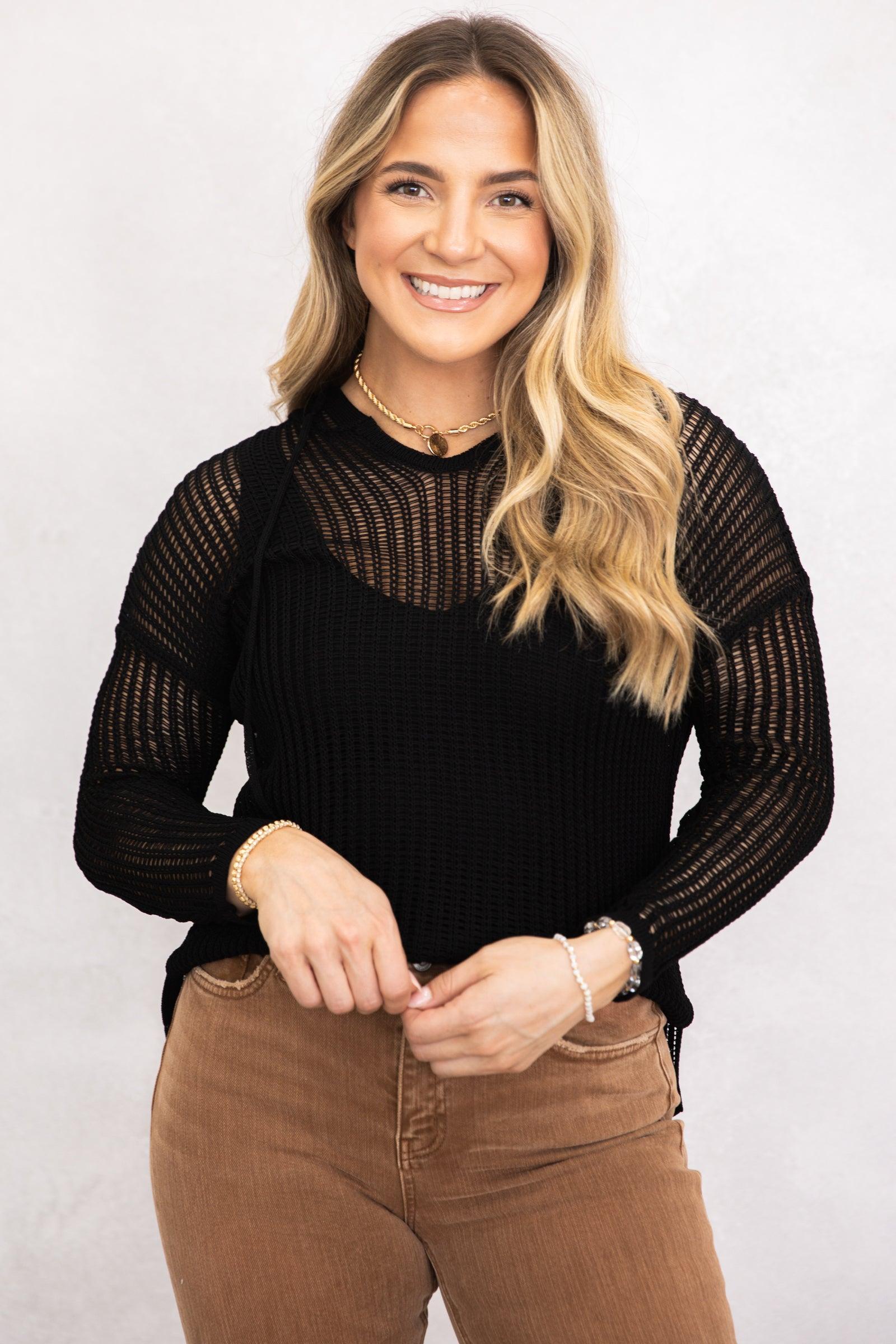 Black Lightweight Crochet Hoodie Tunic Top Product Image