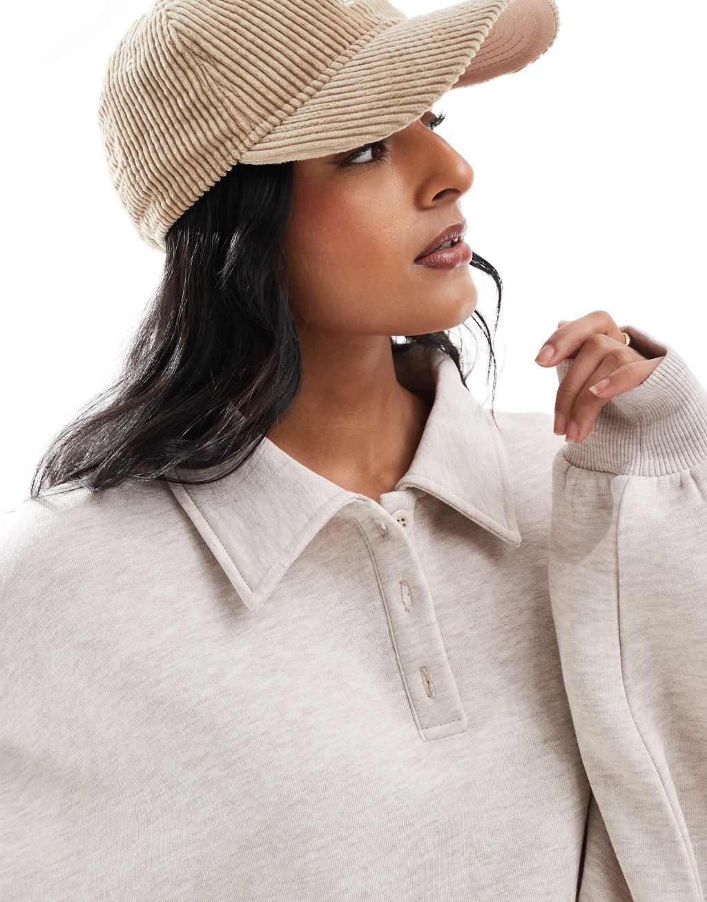 ASOS DESIGN button up collared sweatshirt in oatmeal - part of a set Product Image