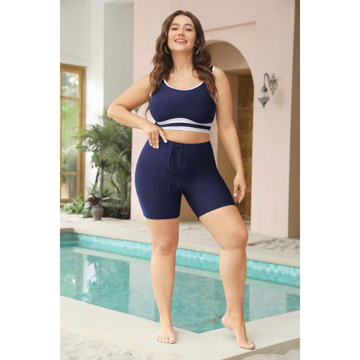Plus Size High Waist Ties Front Swim Shorts Women's Swimwear Indigo Vacation Plain High stretch Skinny High Rise Curve Swim Bottoms BloomChic 10/M Product Image