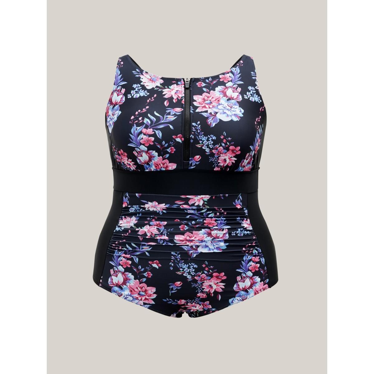 Plus Size Glide-Lock Zipper Floral Ruched One-Piece Swimsuit Women's Swimwear Black Beach Gathered Curve Bathing Suits High stretch One Pieces BloomChic 14-16/1X Product Image