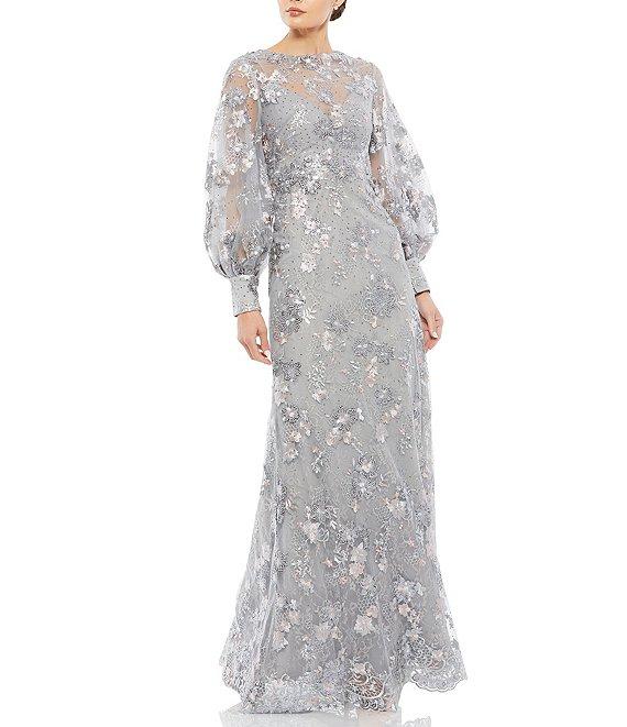 Mac Duggal Beaded Illusion Crew Neck Long Bishop Sleeve Gown Product Image