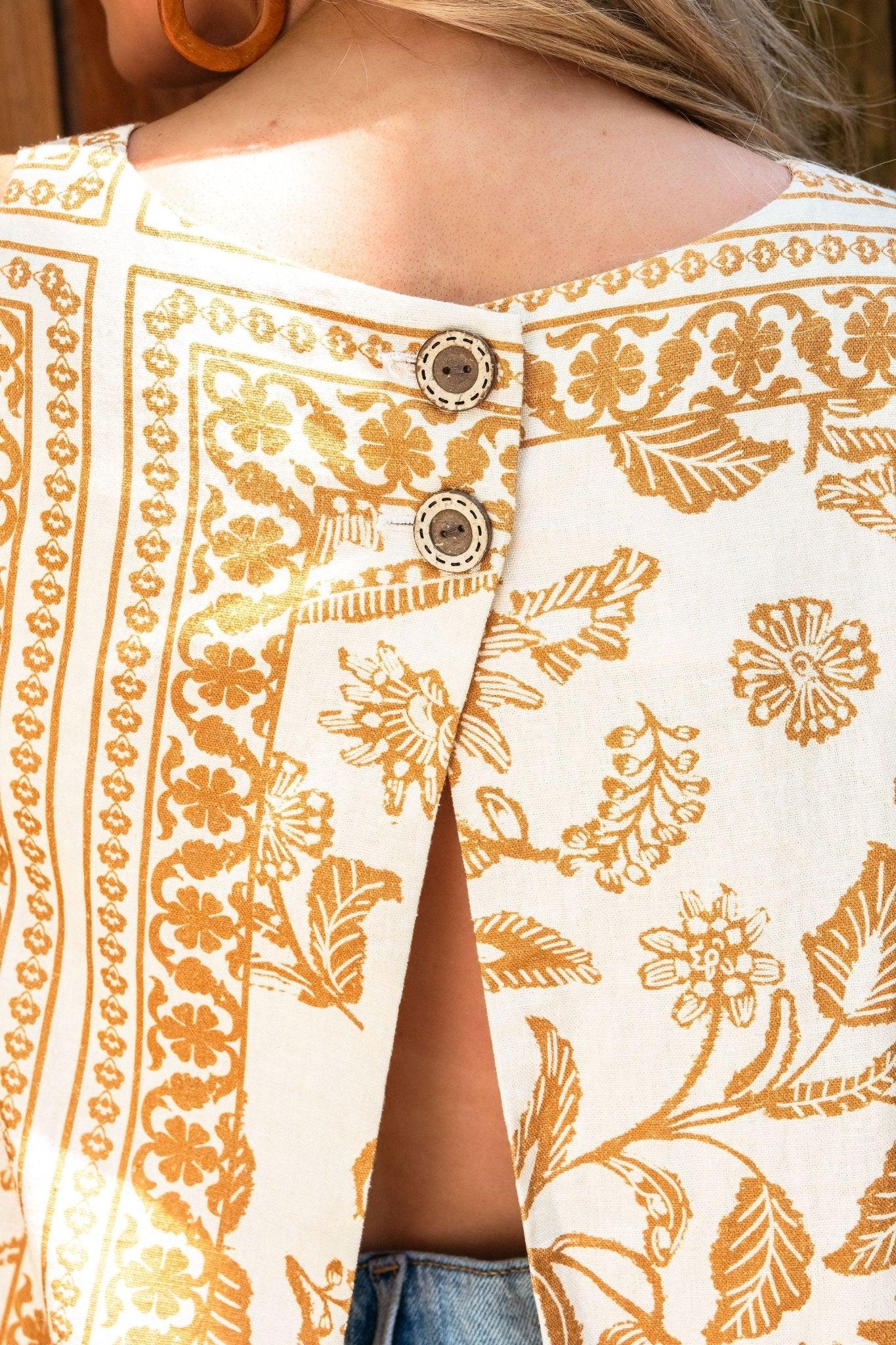 Beige Floral Print Open Back Linen Top - FINAL SALE Product Image