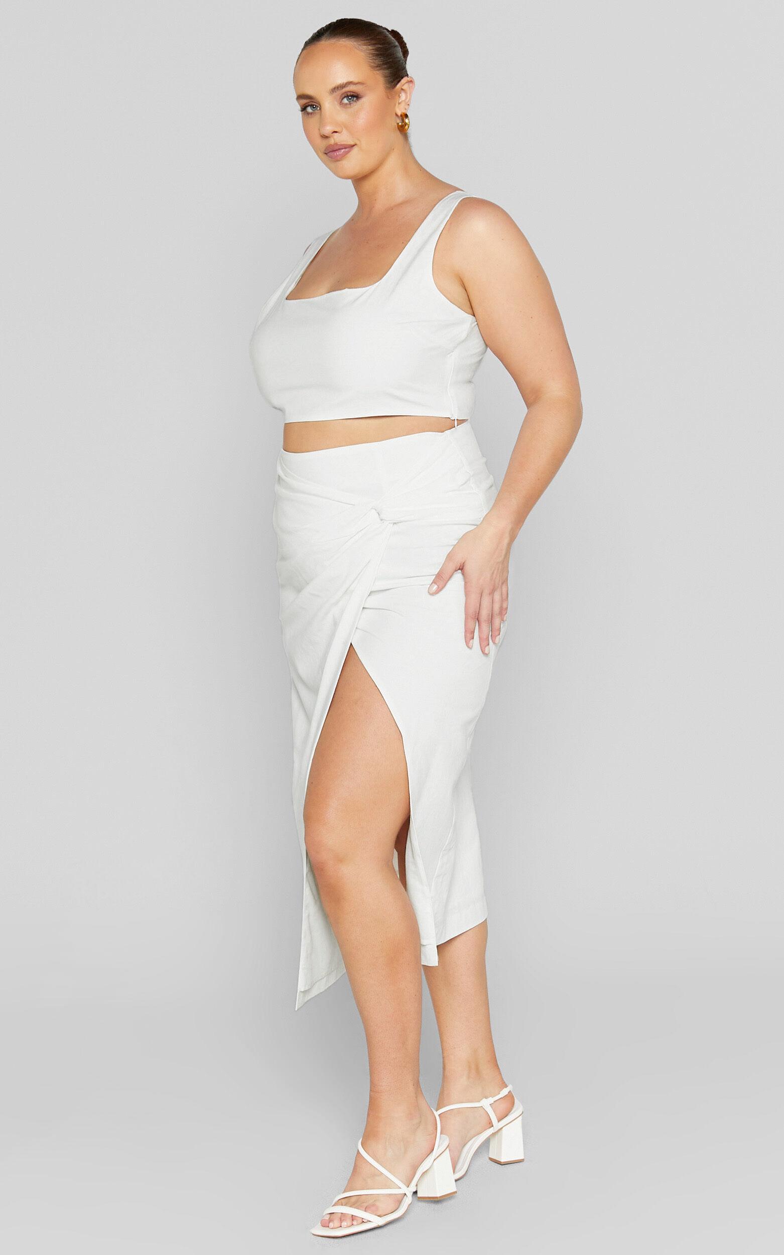 Gibson Two Piece Top and Skirt Set - Linen Crop Top and Knot Front Midi Skirt Set in White Product Image