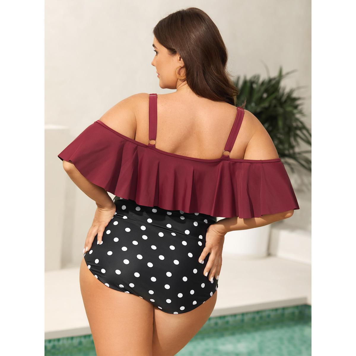 Plus Size Color Block Polka Dots One-Piece Swimsuit Women's Swimwear Deepred Beach Contrast Curve Bathing Suits High stretch One Pieces BloomChic 22-24/3X Product Image