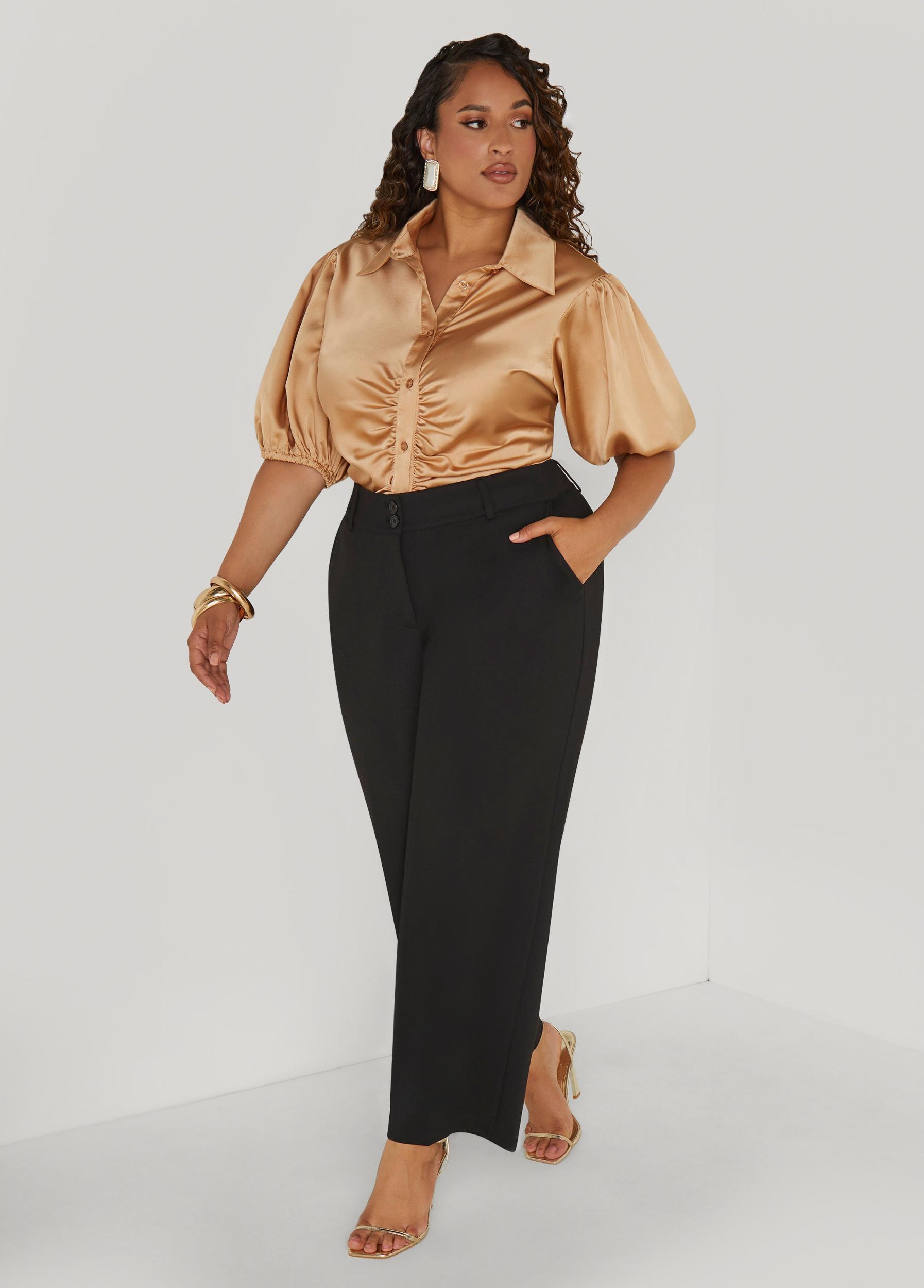 Plus Size Ruched Satin Shirt Ashley Stewart Product Image
