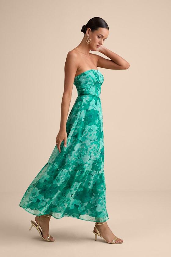 Bright Perspective Teal Floral Strapless Midi Dress Product Image