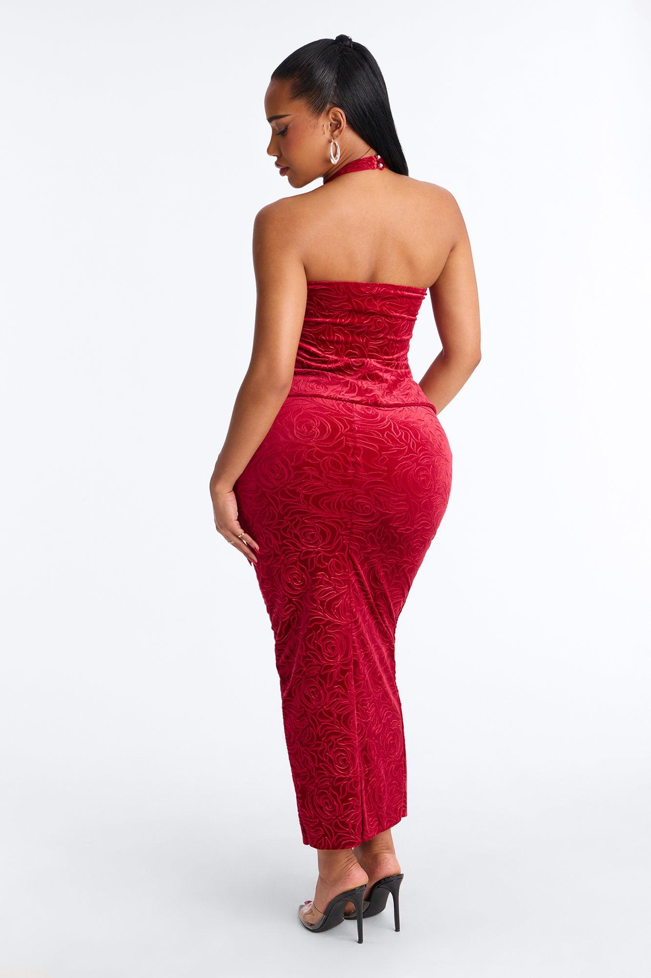 Rosary Velvet Halter Maxi Skirt Set - Red Female Product Image